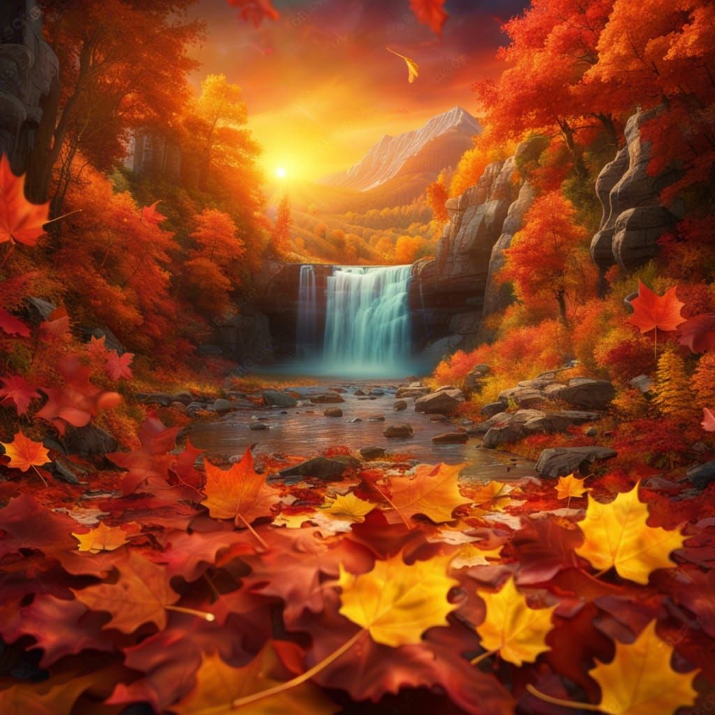 Autumn Leaves in Colorful Woods at Sunset