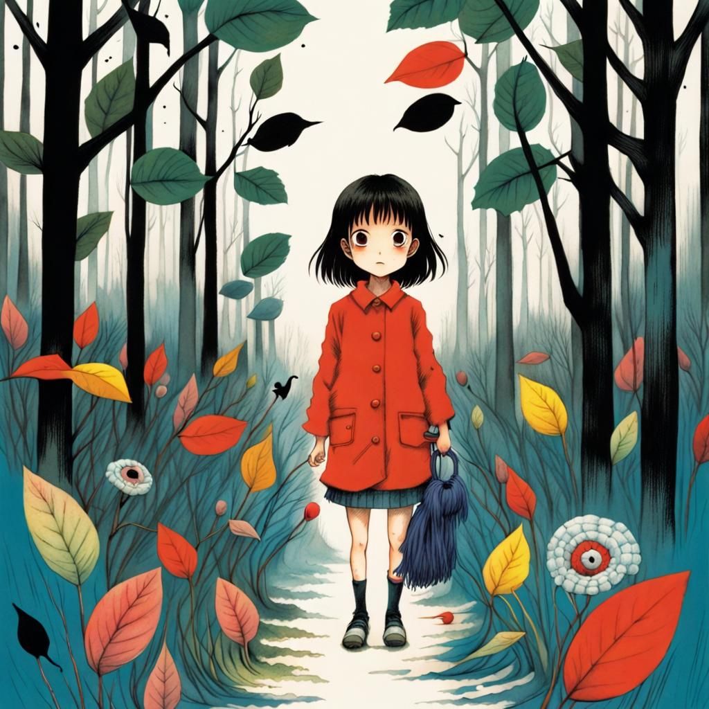 Pretty Girl in Spiraling Tunnel: Manga-Inspired Art