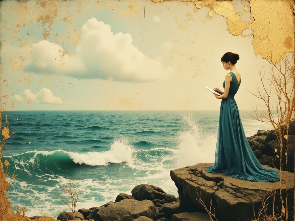 Woman Writing Letter by Sea in Dreamy Style
