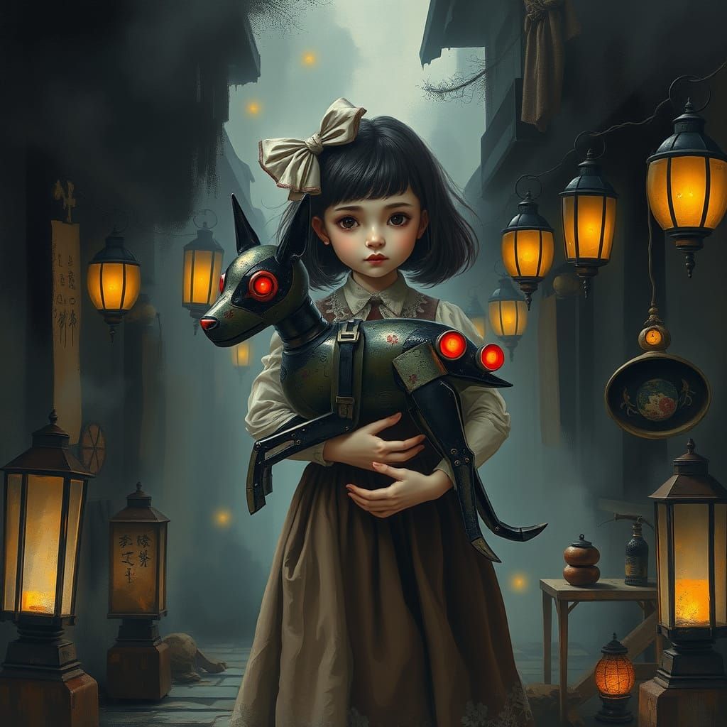 Girl and Robotic Dog in Victorian Alleyway