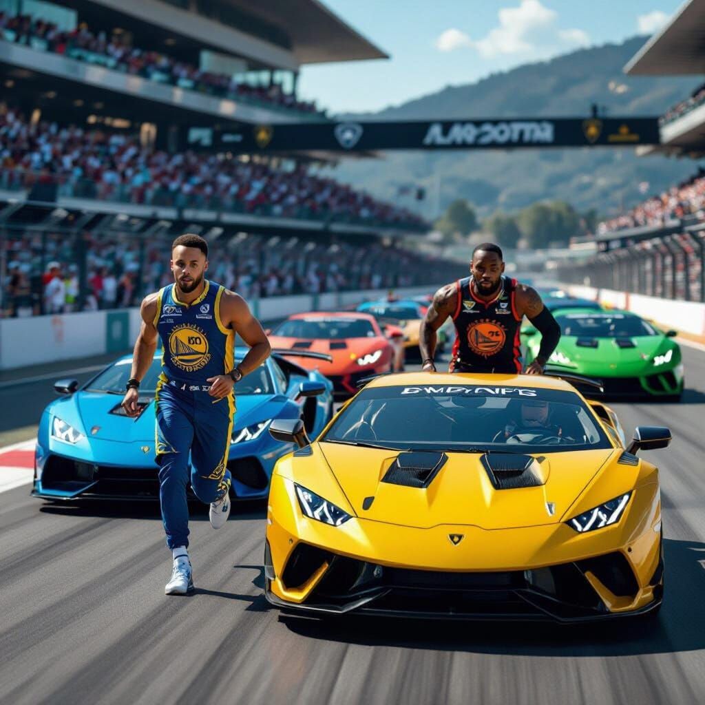 Curry and LeBron Race Lamborghinis in Hyperrealistic Style