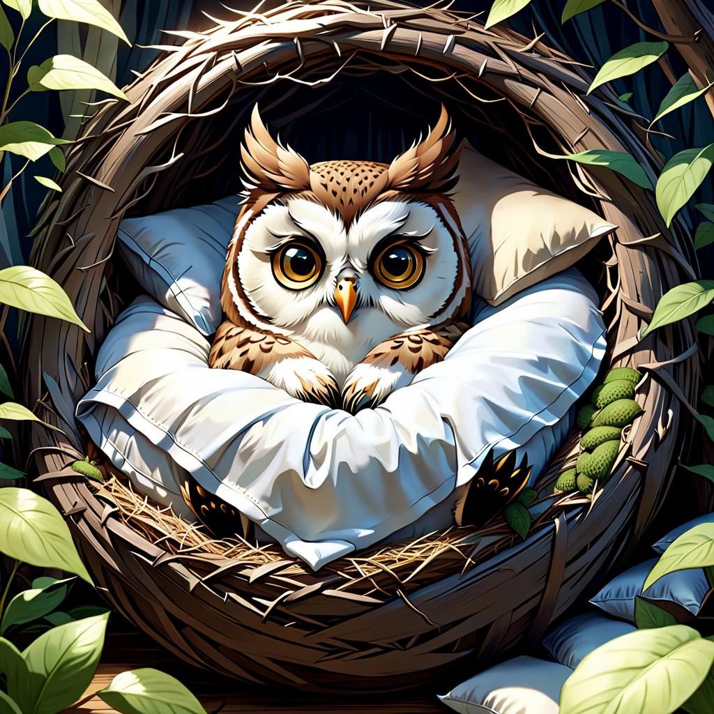 Sleepy Owl Girl in Cozy Nest, Digital Painting