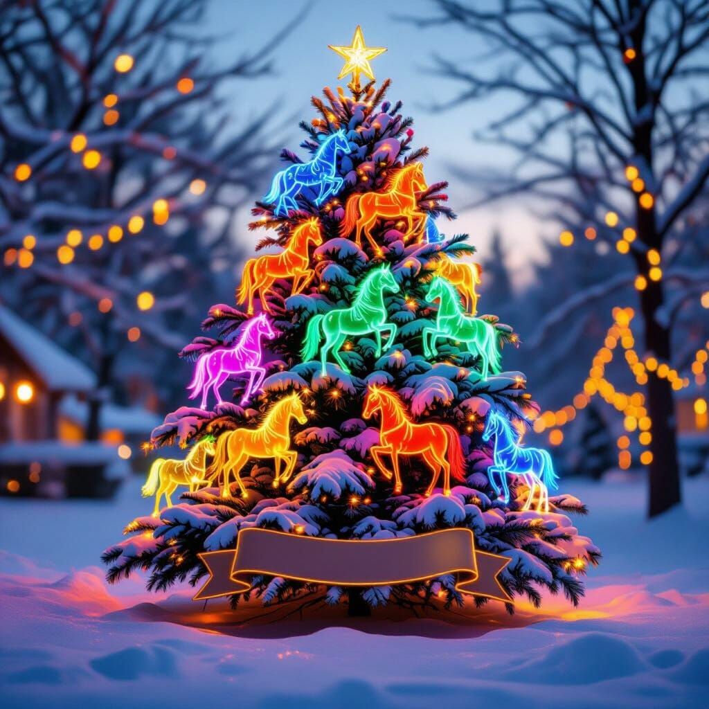 Fairytale Christmas Tree with Neon Horses in Snow