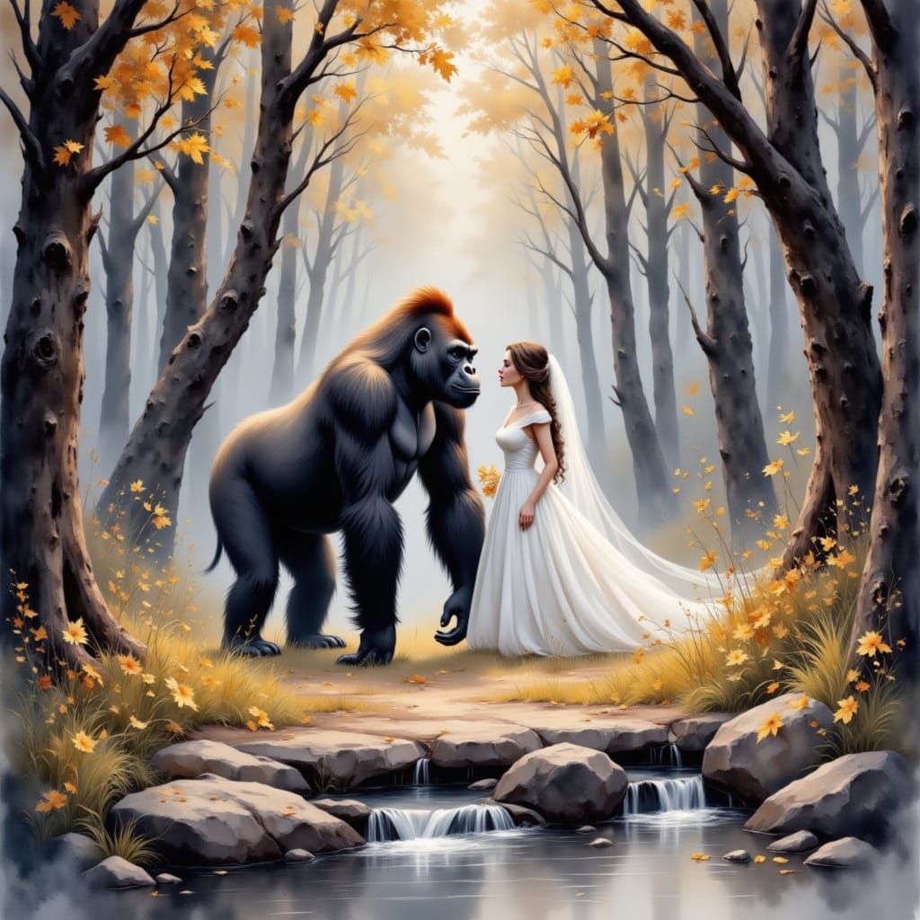 Gorilla and Man Eloping in Misty Forest