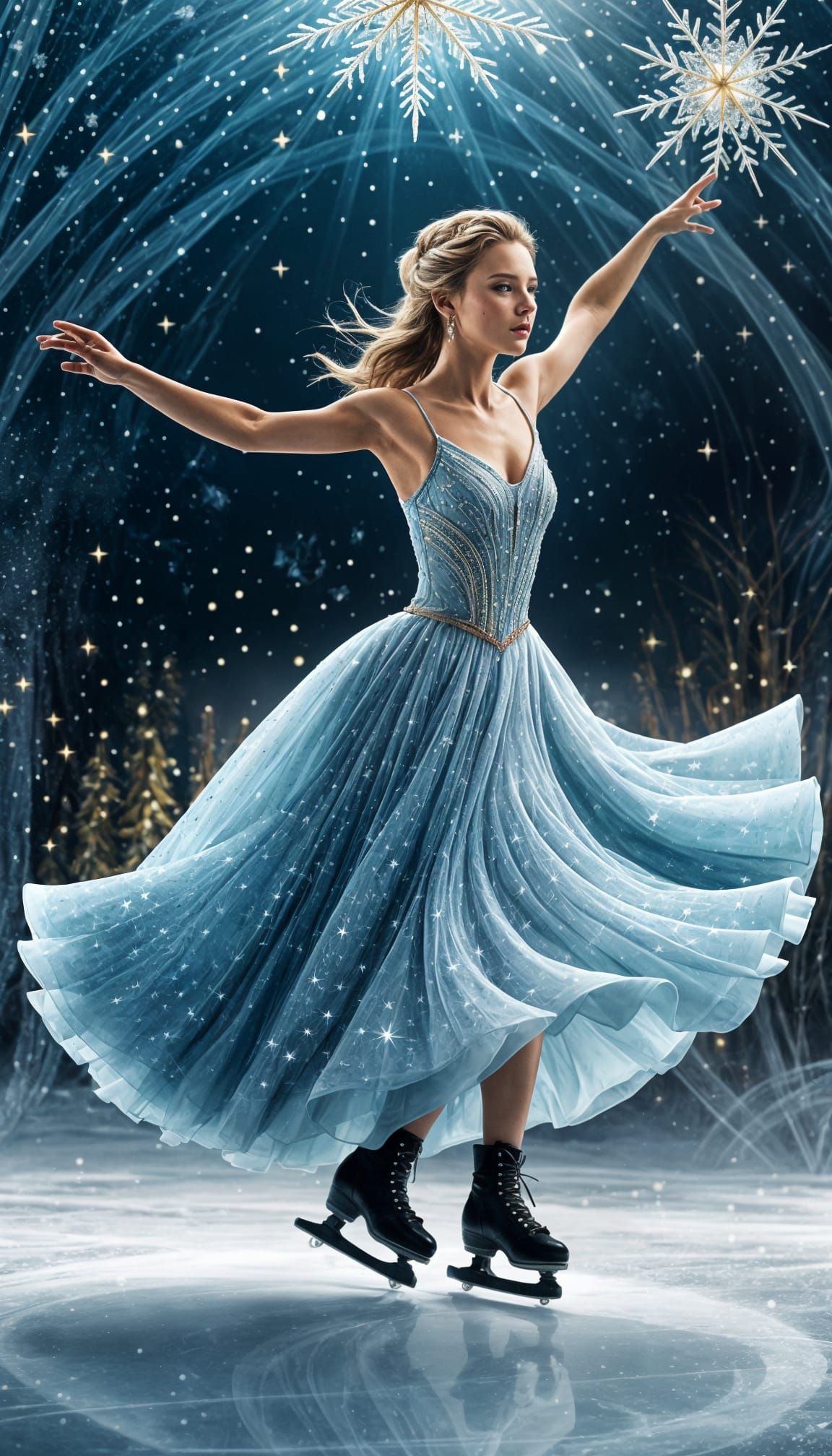 Skater in Ice-Blue Gown Under Golden Starry Sky