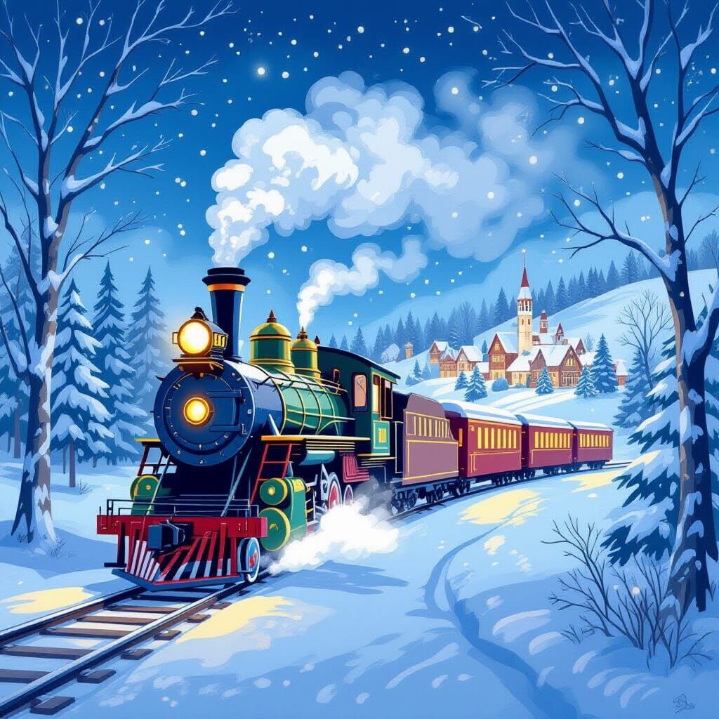 Whimsical Train Journey to Starlit Village in Children's Sty...