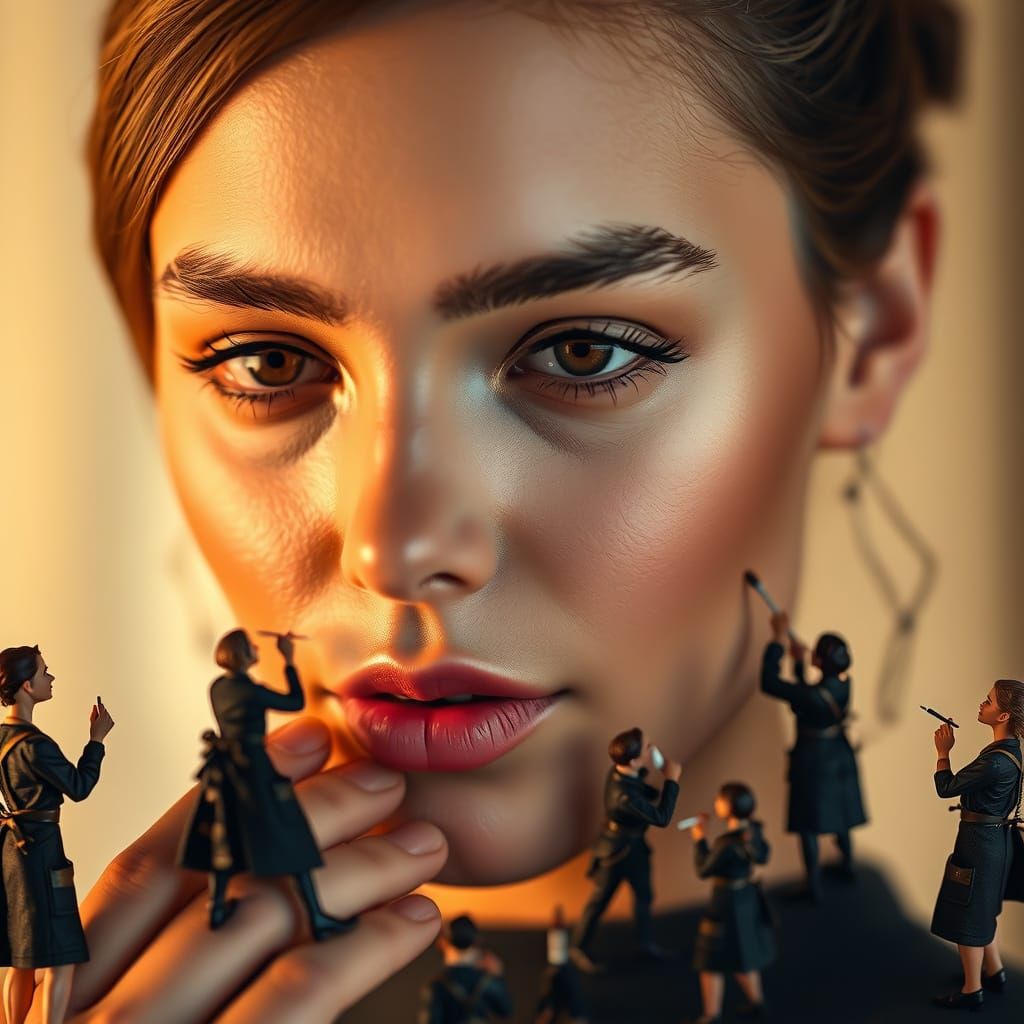 Photorealistic Portrait of a Young Woman with Tiny Makeup Ar...