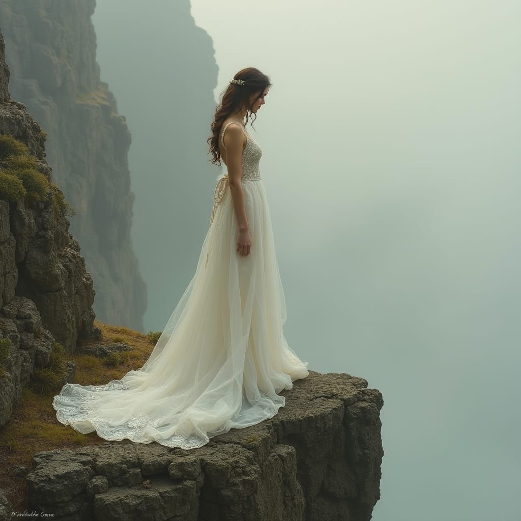 Romantic Bridal Figure on Cliff in Pre-Raphaelite Style
