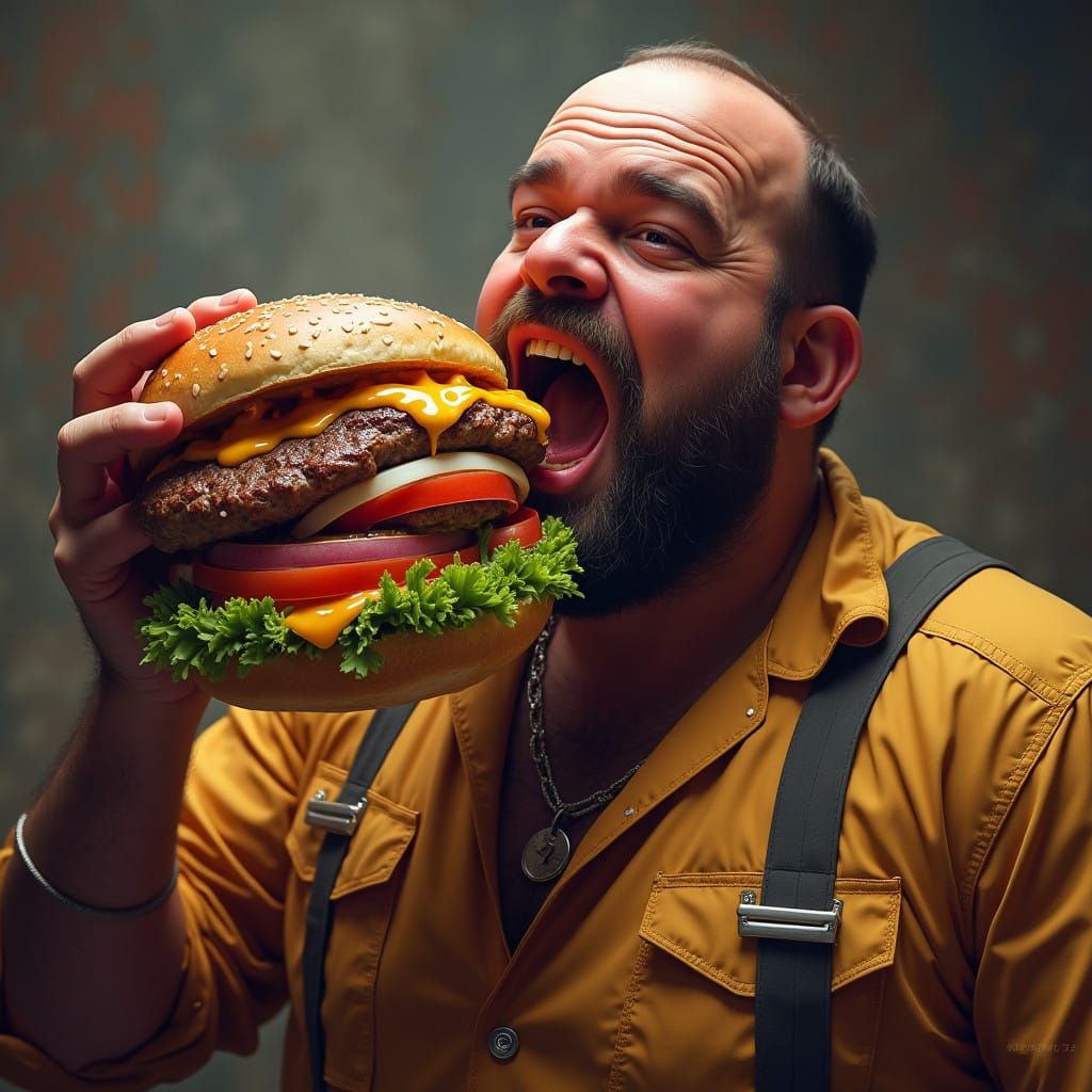 Stout Fantasy Warrior Devours Gigantic Burger in Hyper-Reali...
