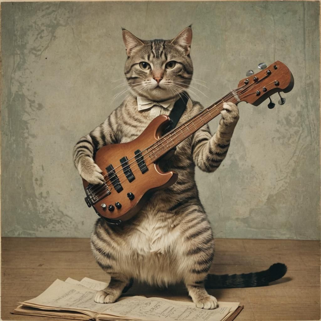 Cat Playing Bass in Dada Collage Style