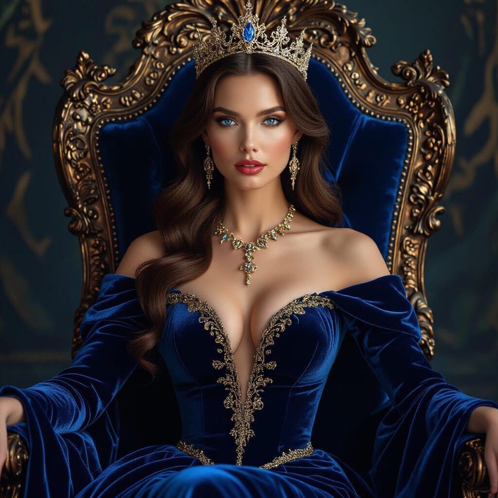Queen in Sapphire Gown on Ornate Throne