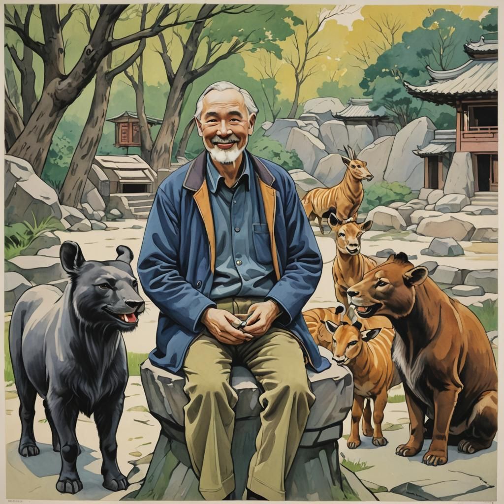 The artist Roerich visits a Zoo in China.
 He looks happy an...