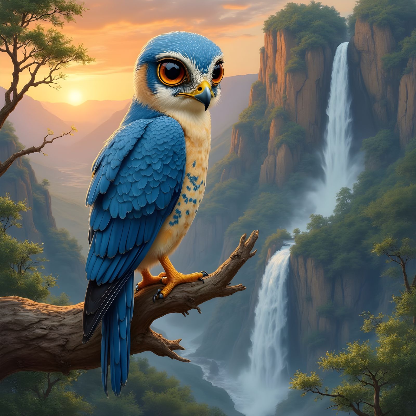 Blue Falcon-Hawk Hybrid in Sunset Valley: Digital Painting