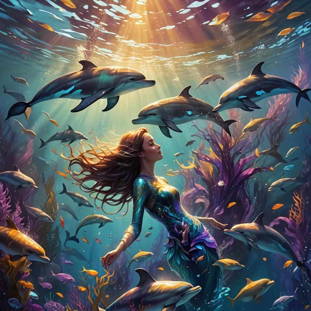 Underwater Fantasy: Girl Swimming with Dolphins