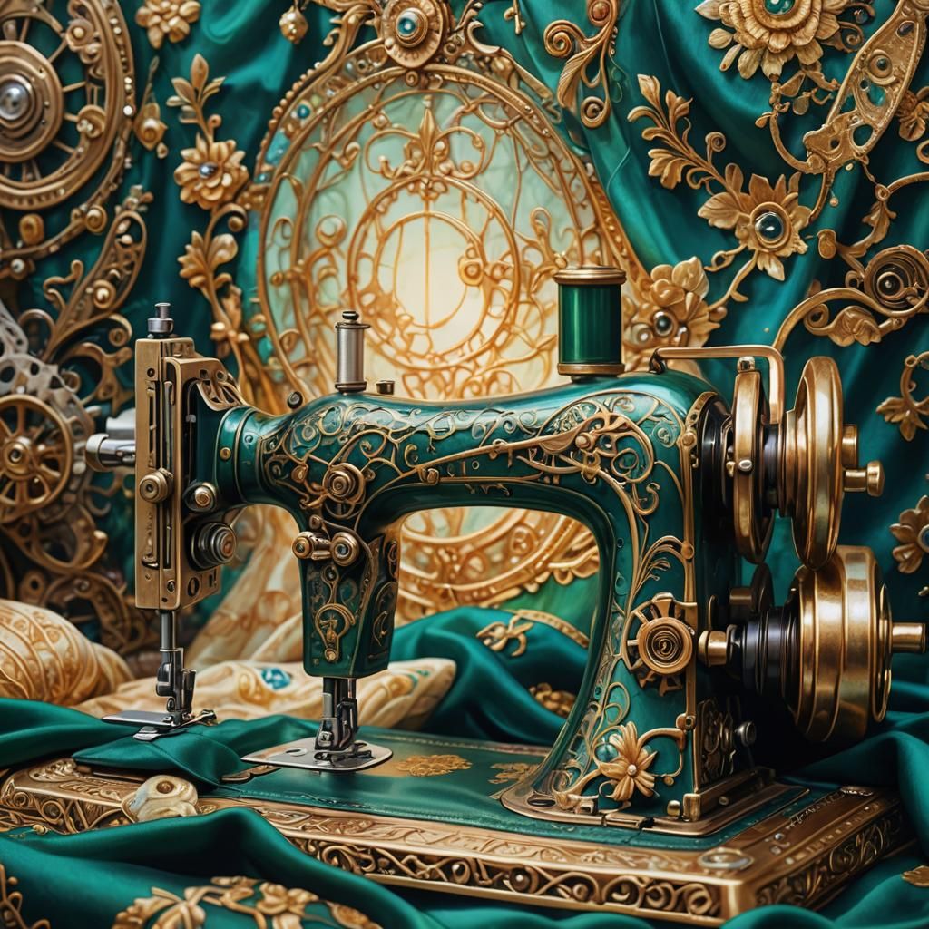 Ornate Vintage Sewing Machine in Oil Painting Style