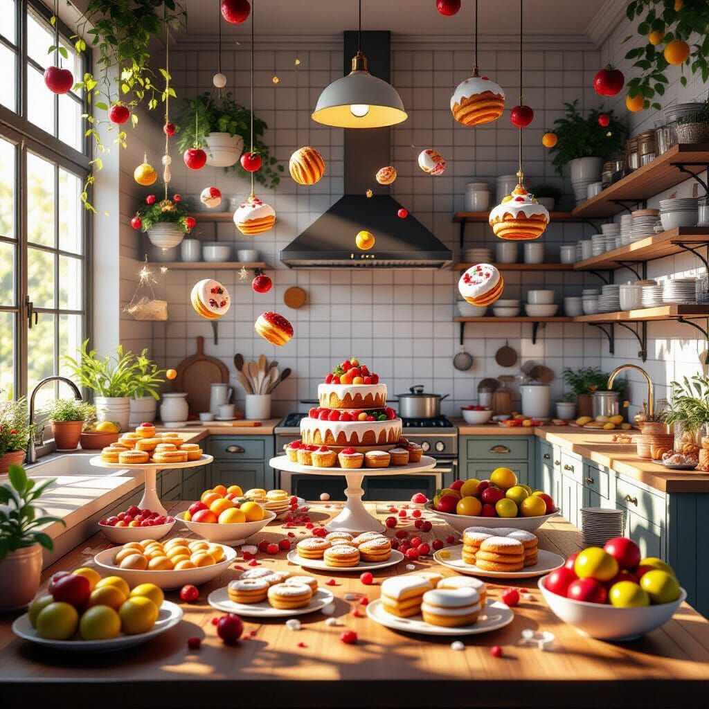 Whimsical Pastry Kitchen with Floating Desserts and Fruits