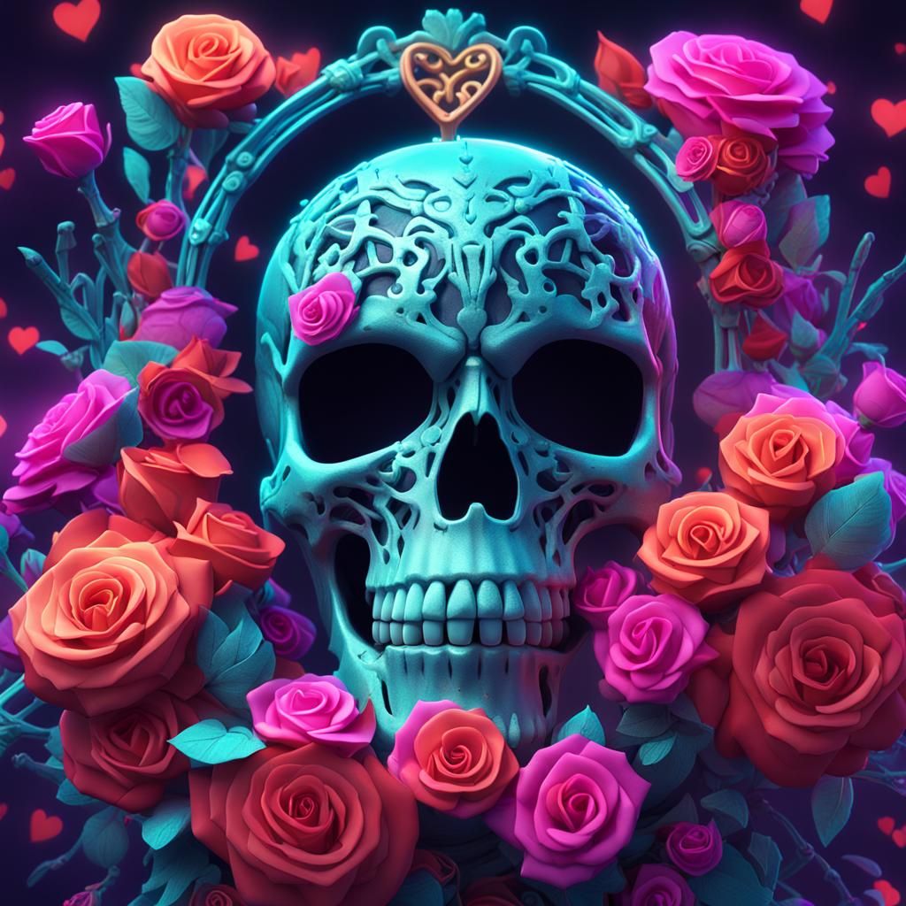 Skeleton with Roses and Heart in Neon Surrealism