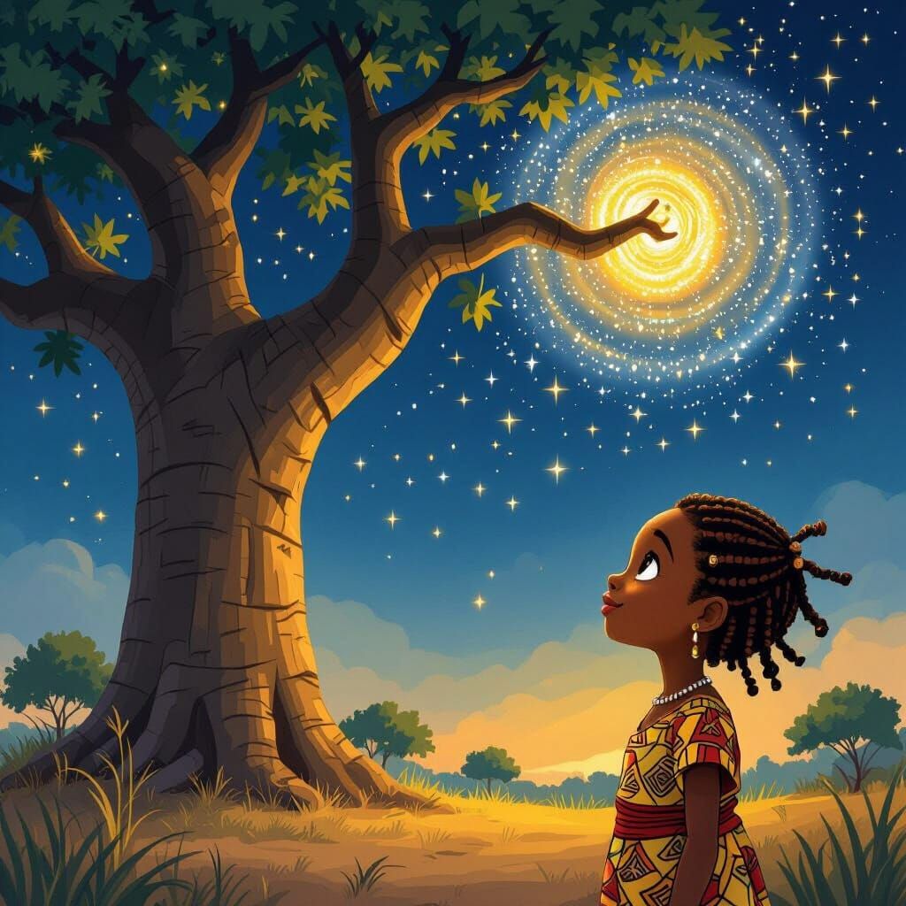 African Girl Gazes at Magical Baobab Tree Under Starry Sky