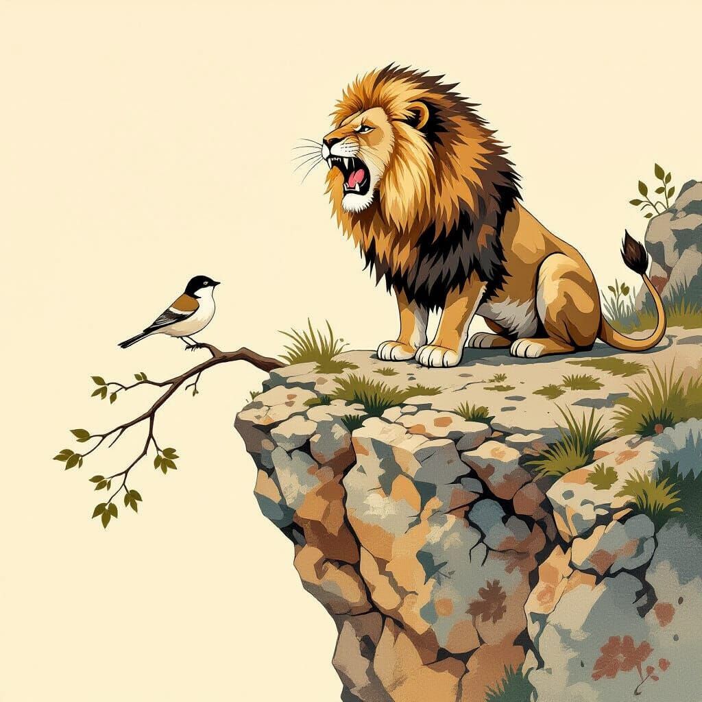 Lion and Bird on Cliff in Storybook Style