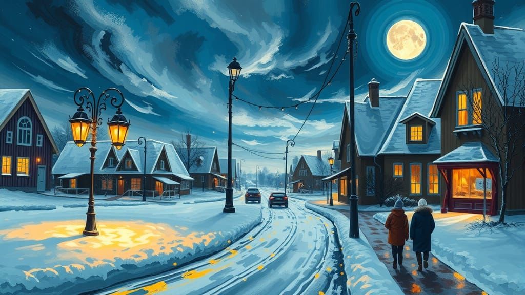 Winter Town at Night in Impressionistic Pixel Art