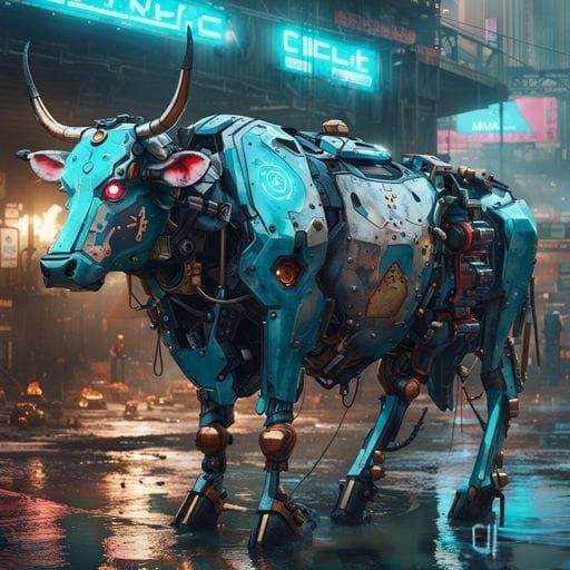 Cyberpunk Robot Cow with Visible Cybernetics