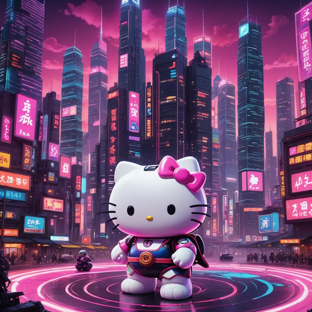 Hello Kitty Sumo Wrestler in Neon Cityscape