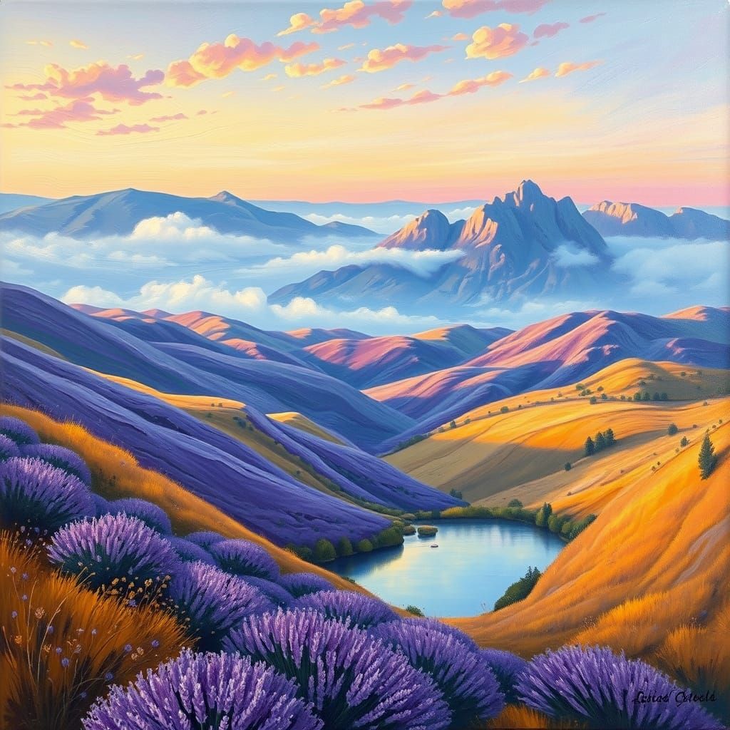 Impasto Landscape: Lavender Hills at Dusk