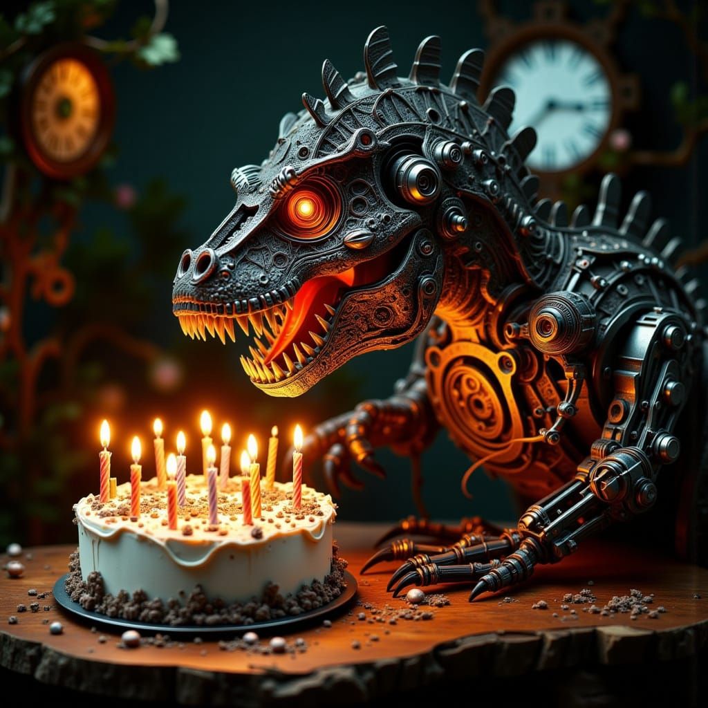 Steampunk T-Rex Blows Out Birthday Candles