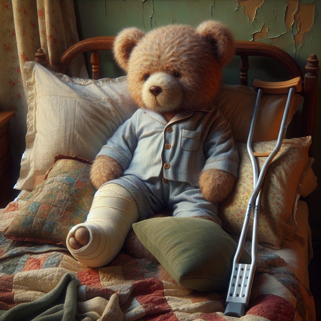 Injured Teddy Bear in Cozy Bedroom: Hyperrealistic Oil Paint...