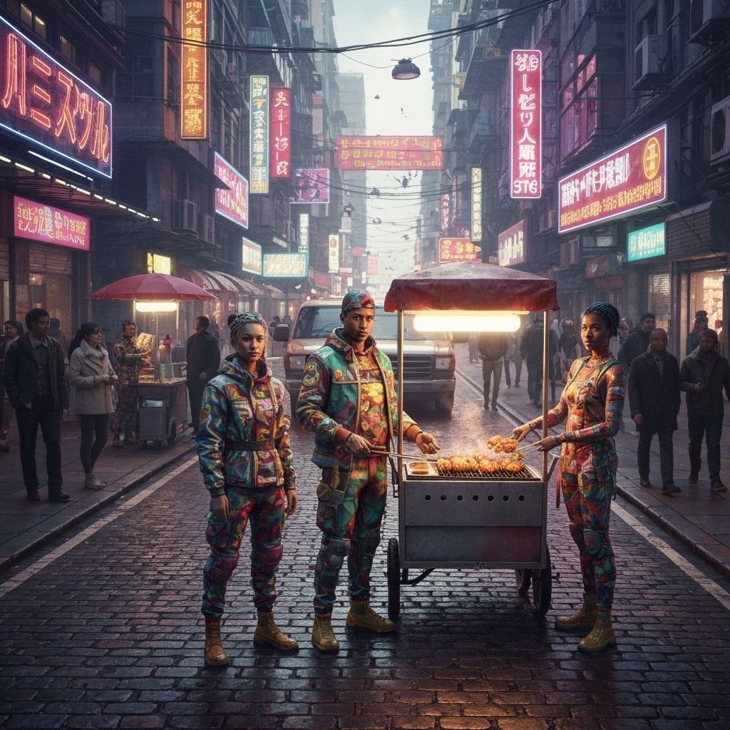 Vibrant Street Food in Bustling Cityscape