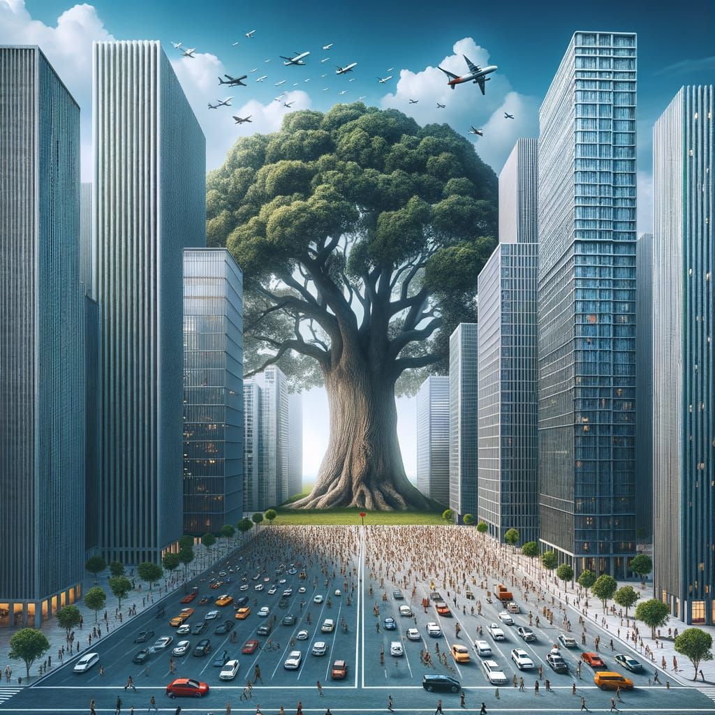 Colossal Oak Tree Dominates Surreal Cityscape