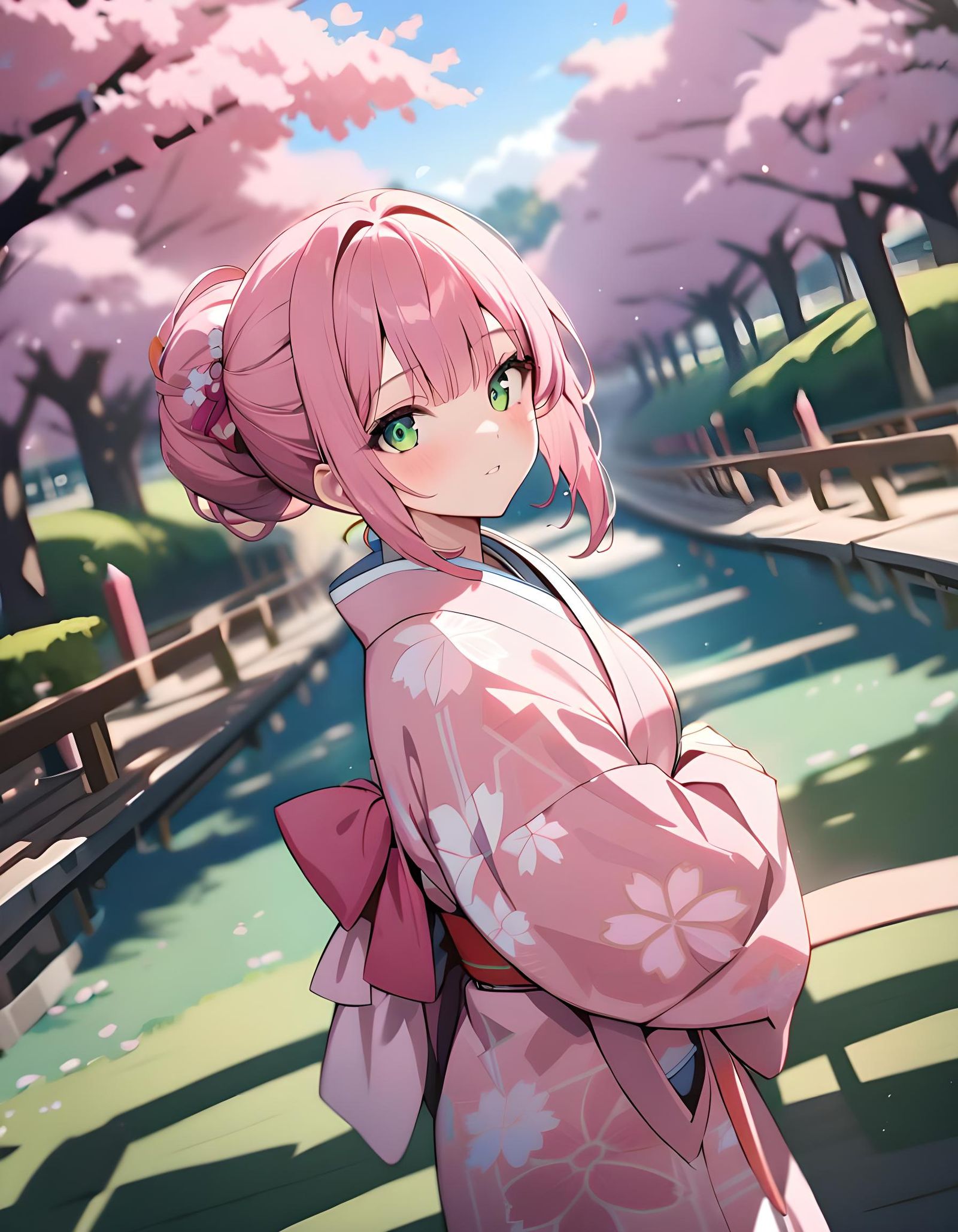 Girl in Pink Kimono at Sakura Tree Park