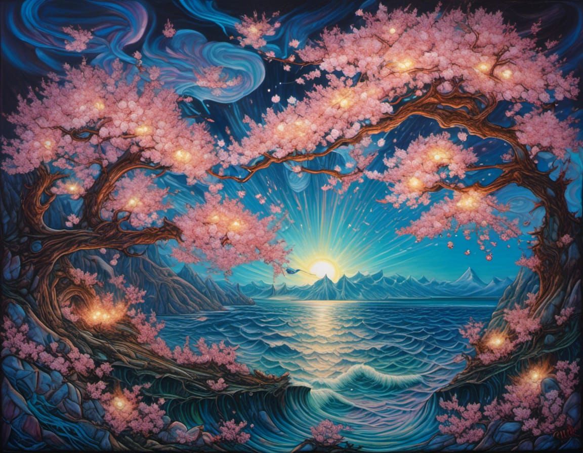 Psychedelic Ocean Lights with Cherry Blossoms