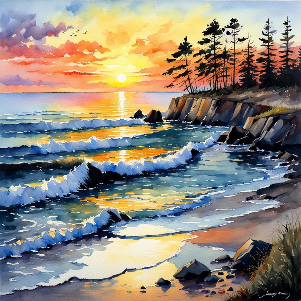 Watercolor Sunrise Painting in Oil by Gurney