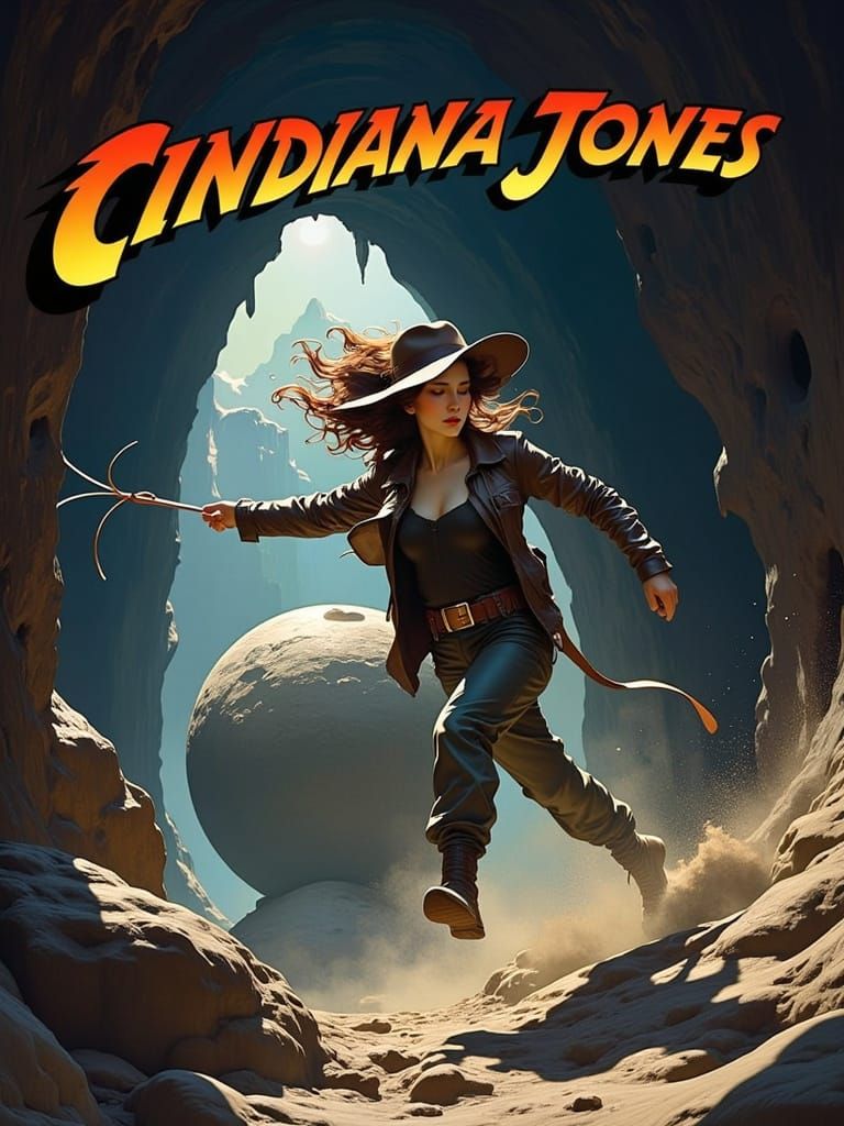 Female Indiana Jones Flees Cave Boulder in Art Nouveau Style
