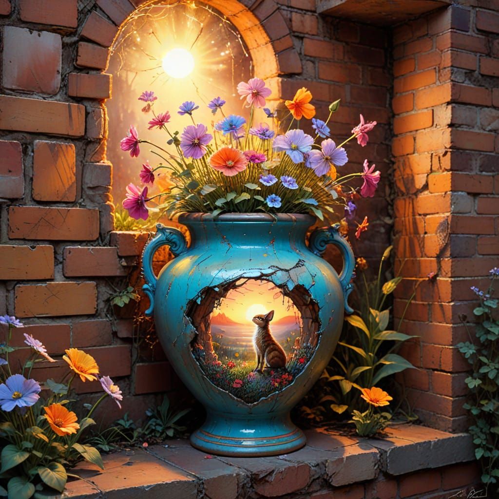 Surreal Fantasy Vase in Dreamlike Sunset Garden
