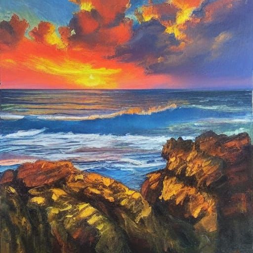 Impressionist Oil Painting of Dramatic Sunset Over Ocean Cli...