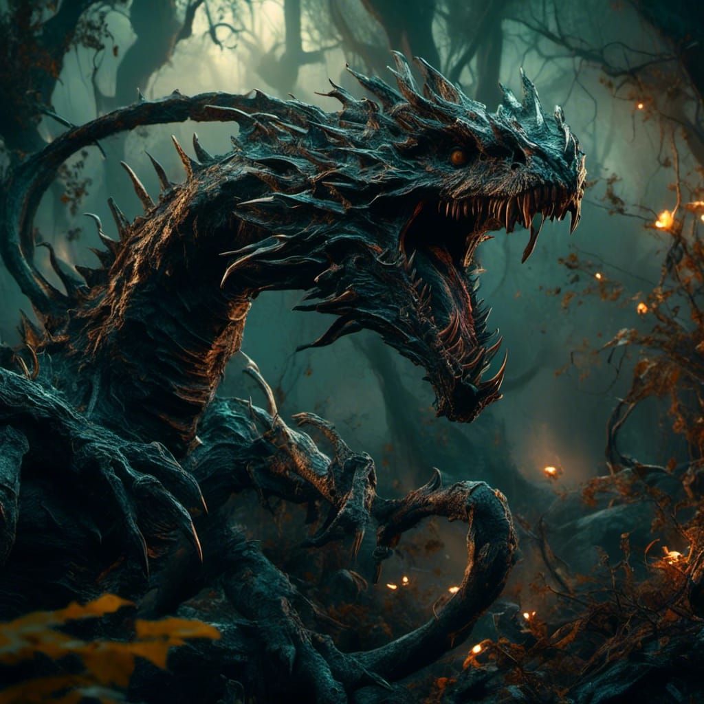 Mystical Basilisk in Dark Forest: Digital Art