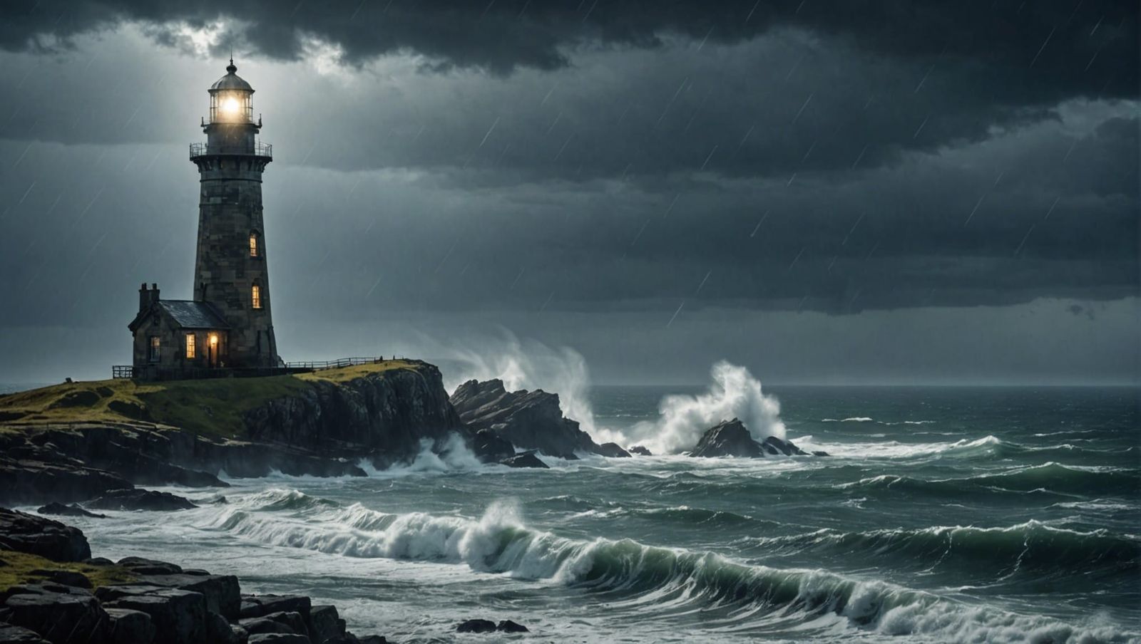 Victorian Lighthouse in Stormy Sea, Art Nouveau Style