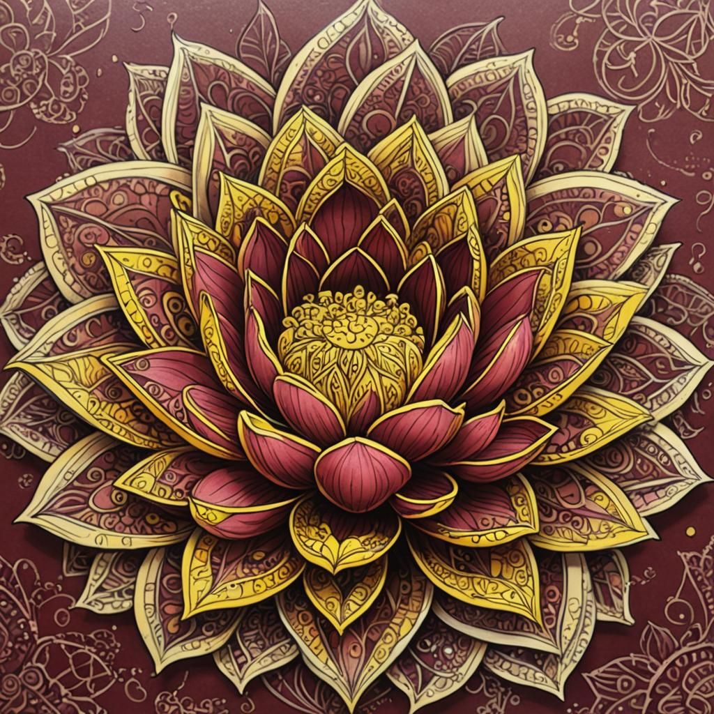 Burgundy and Yellow Zentangle Lotus Flower
