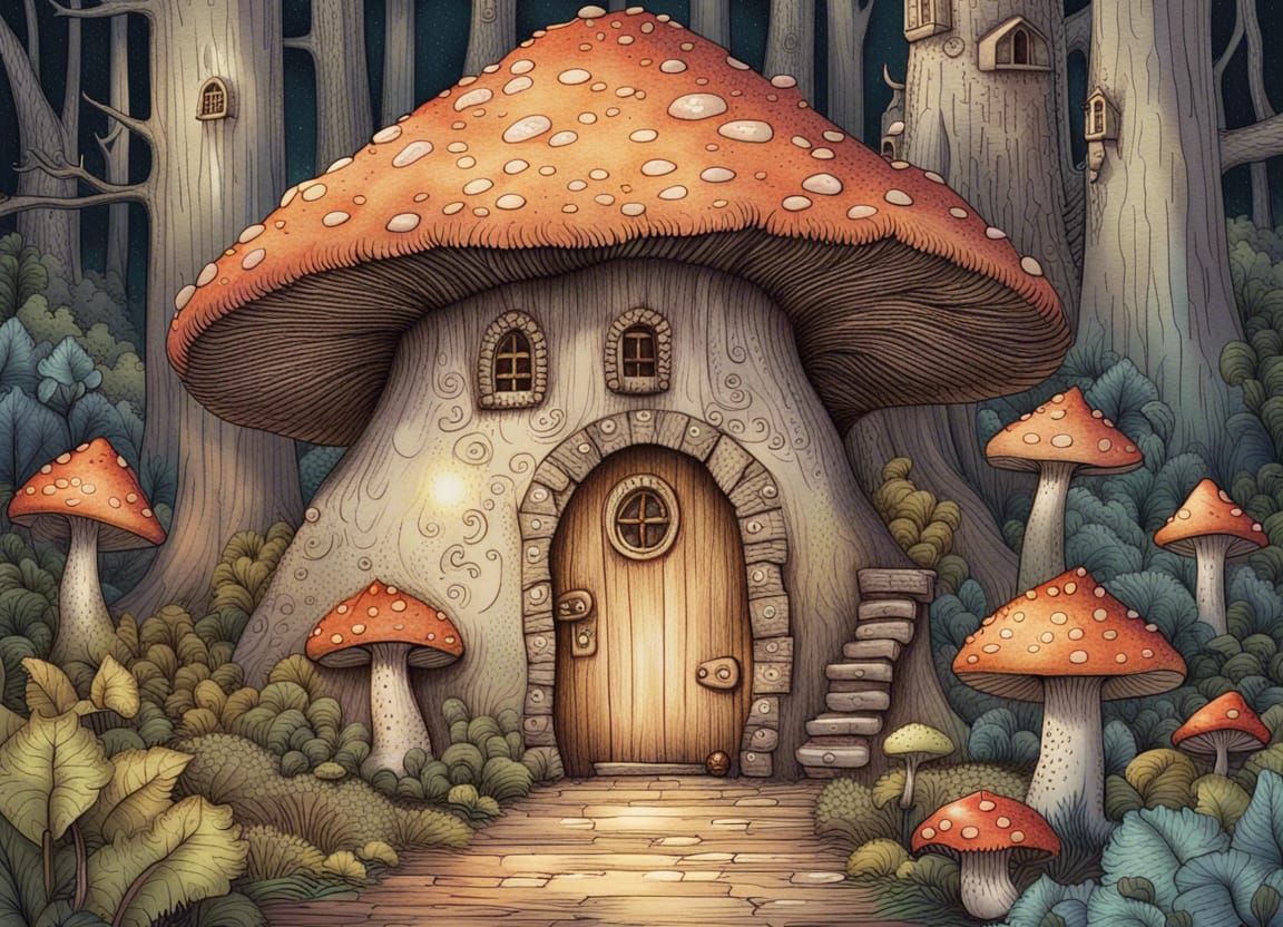Enchanted Mushroom House in Fantasy Forest Illustration