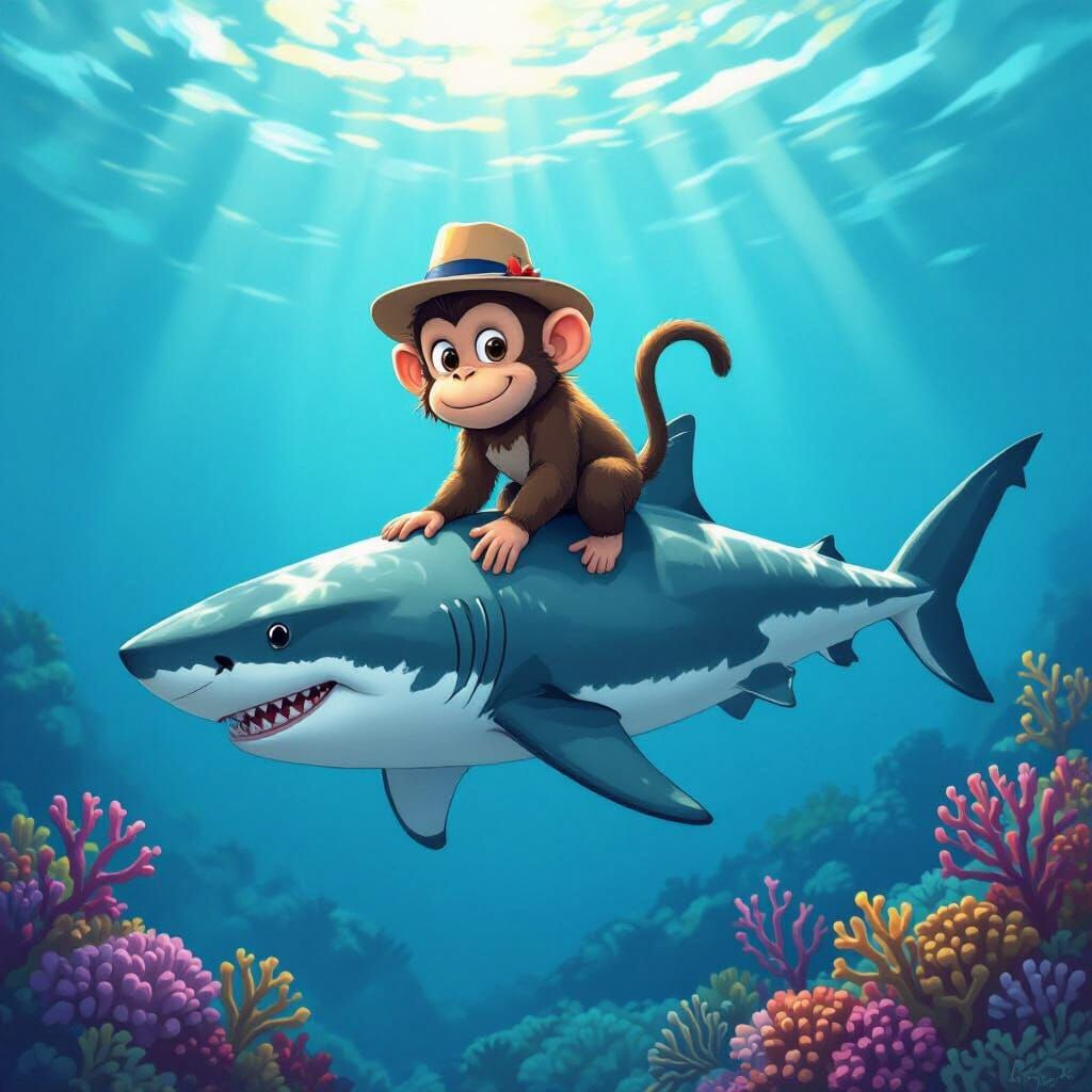 Monkey on Shark's Fin in Vibrant Coral Reef