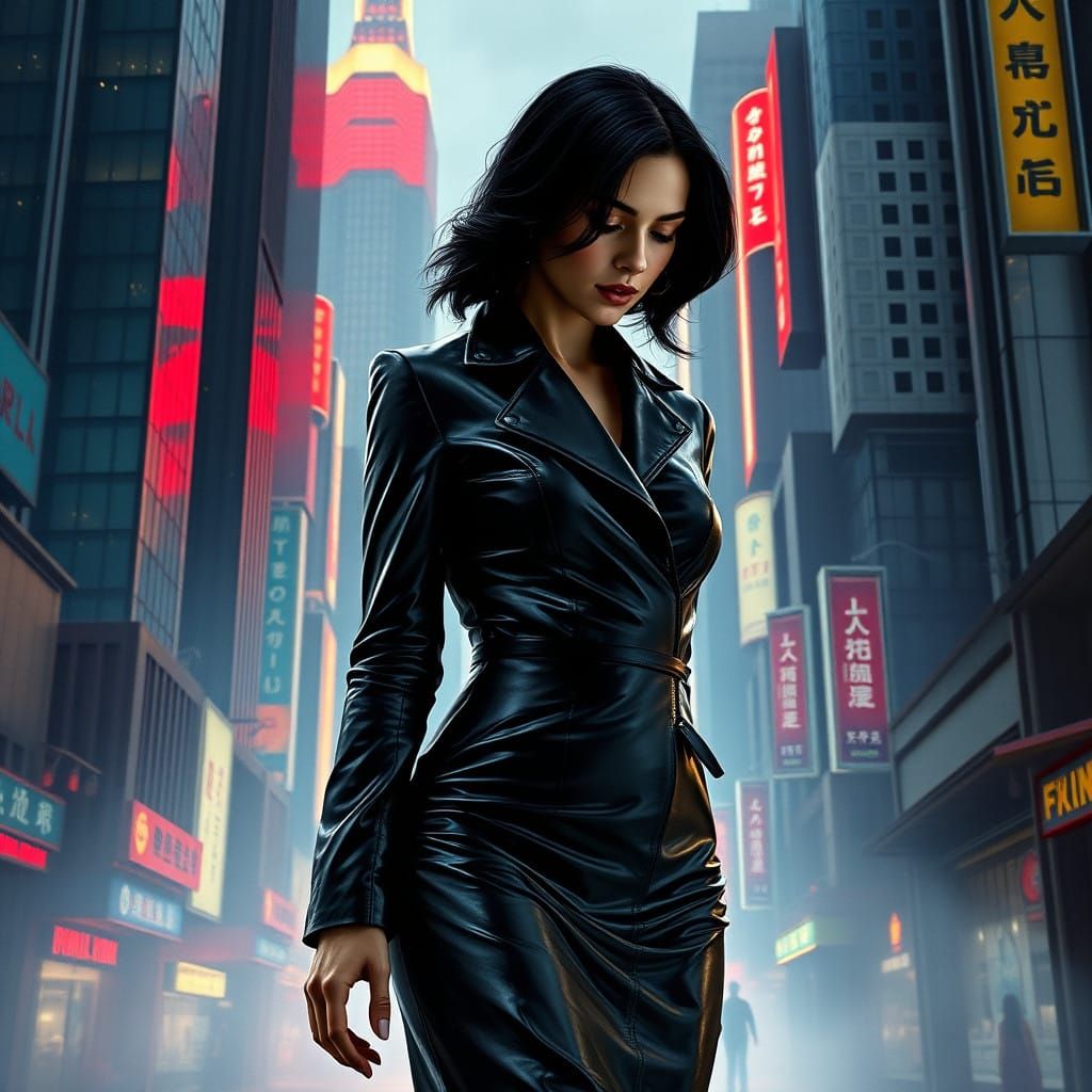 Woman in High-Gloss Leather Coat Enters Cityscape in Hyper-R...