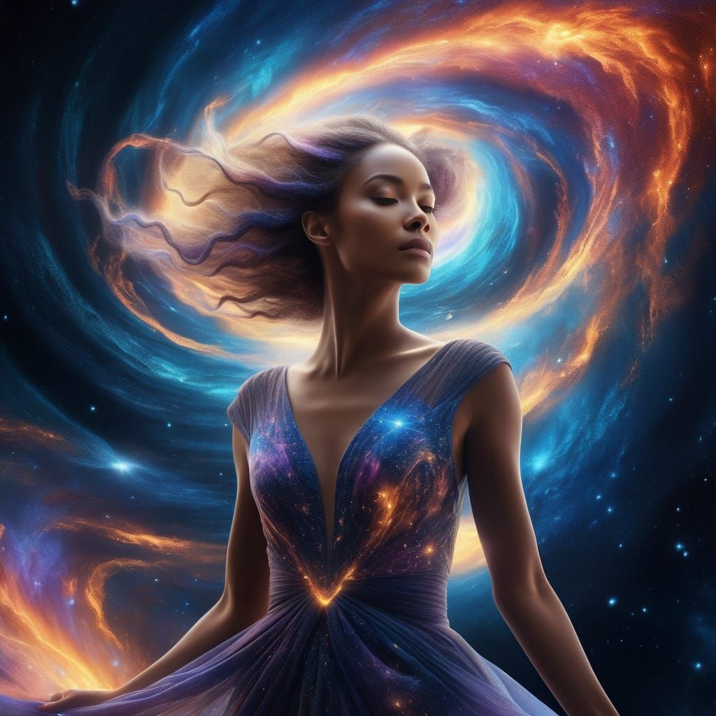 Celestial Woman Emerges from Cosmic Nebula, Digital Art