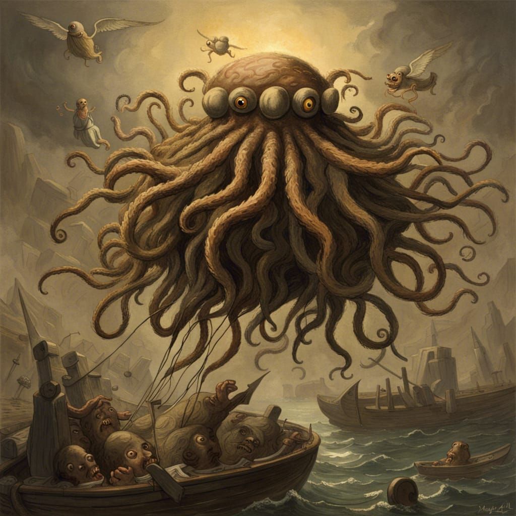 Horror Flying Spaghetti Monster in Engraving Style