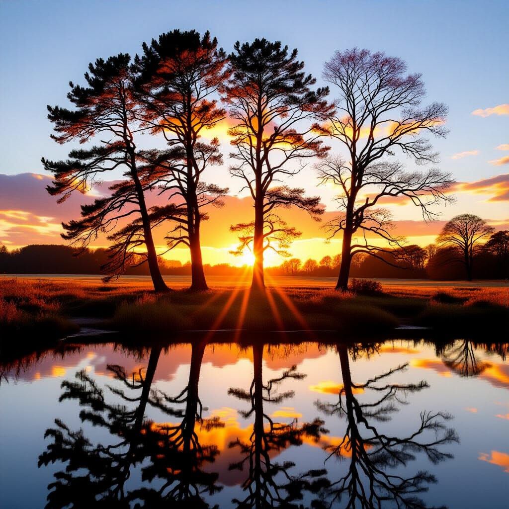 Majestic Trees Reflecting a Vibrant Sunset