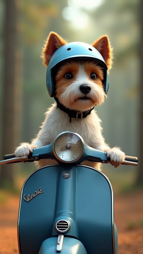 Jack Russell Terrier Rides Vespa in Pine Forest