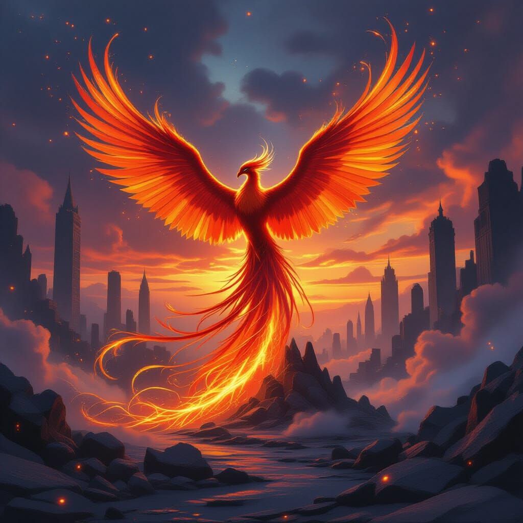 Phoenix Rising from Celestial Ashes, Fantasy Art