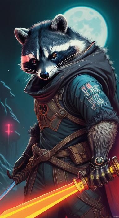 Futuristic Raccoon Warrior on the Moon in Neon Ukiyo-e Style