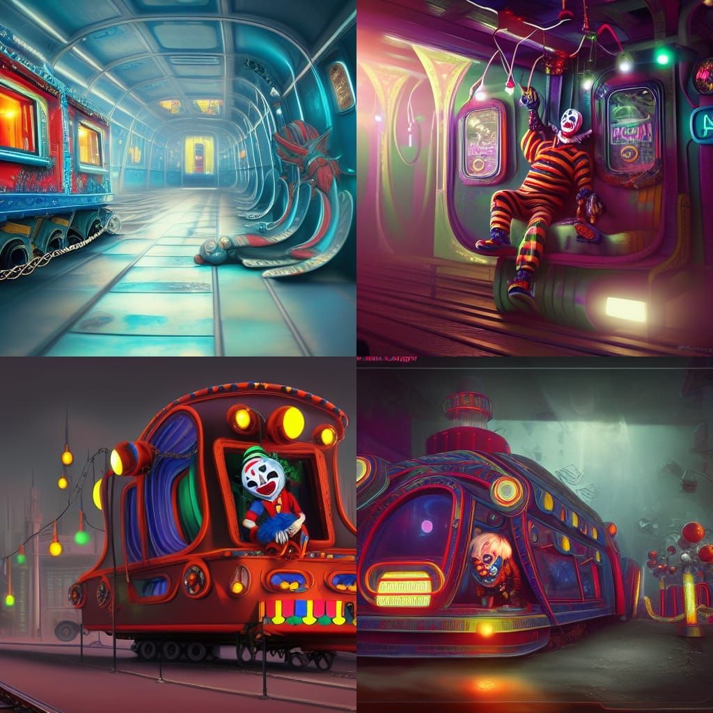 Clown Rides Futuristic Train: Detailed Matte Painting